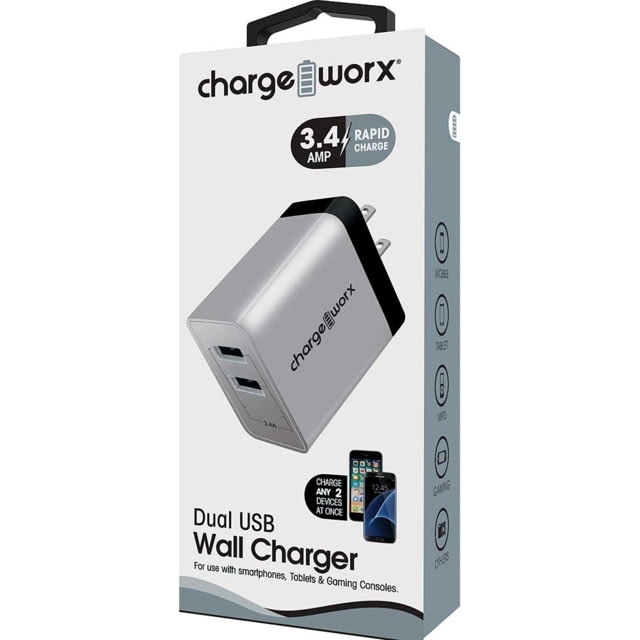 Chargeworx Wall Charger 2 USB Ports Silver