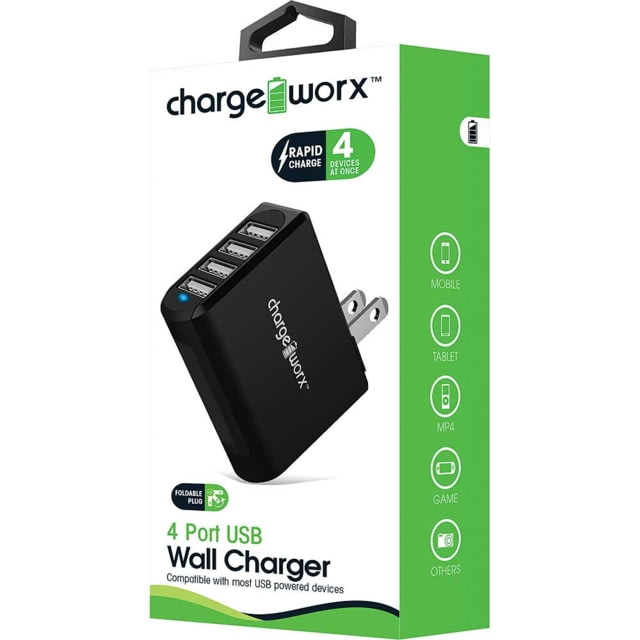 Chargeworx Wall Charger 4 USB Ports Black