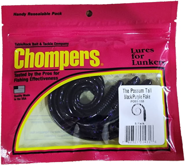 Chompers Possum Tail Worms Jig - 5 Pack Black/Purple Flake 5in