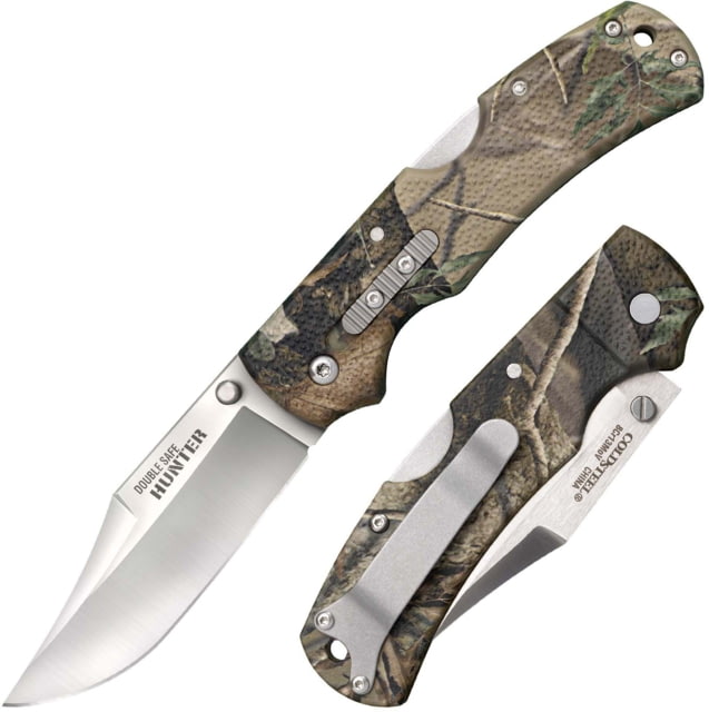 Cold Steel Double Safe Hunter Folding Knife 3.5in 8Cr13MoV SS Folding Plain Clip Point Satin Blade Camo GFN Handle