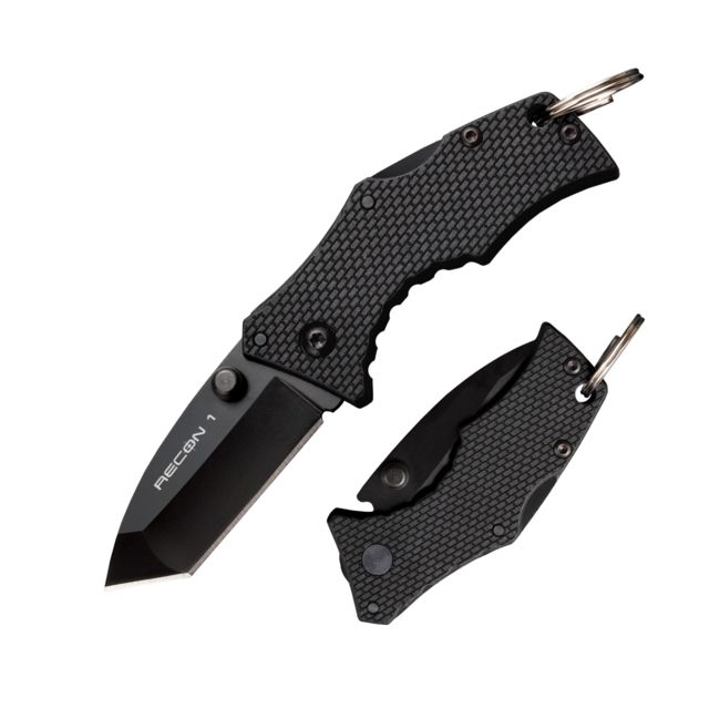 Cold Steel Micro Recon 1 Folding Knife Japanese AUS 8A Stainless Steel w/Black Tuff-Ex Coating 2in Spear Point Blade Griv-Ex Style G-10 Handle