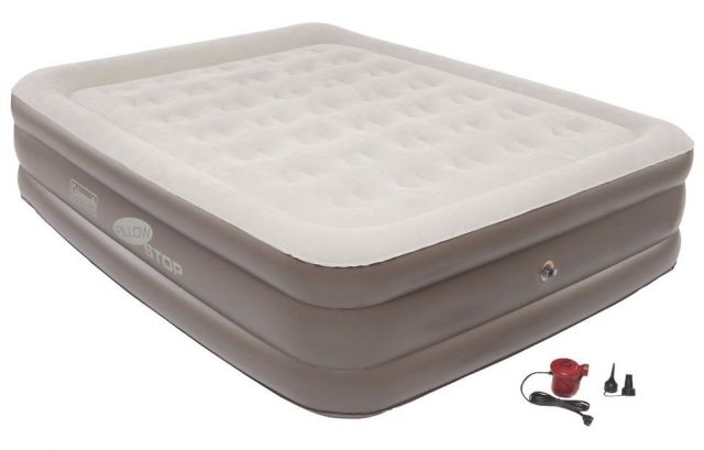 Coleman Airbed Double High PillowStop Air Mattress W/ 120V Pump Combo Supports up to 600 lbs Queen Tan
