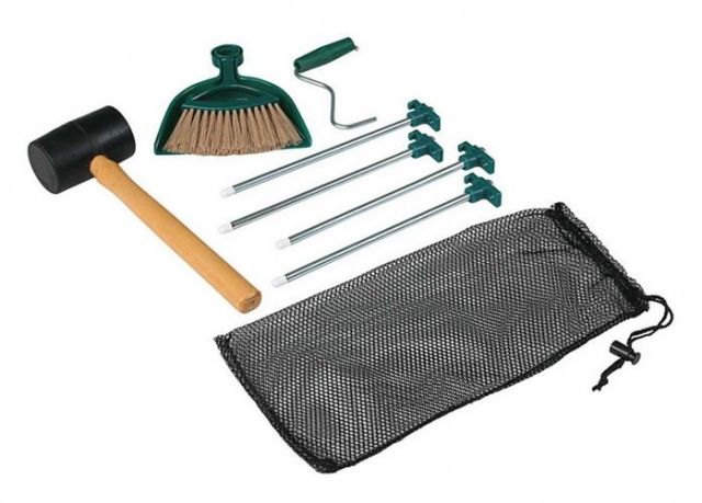 Coleman Tent Kit W/ Rubber Mallet 4 Tent Stakes Stake Puller Hand Broom Dustpan Green / Black
