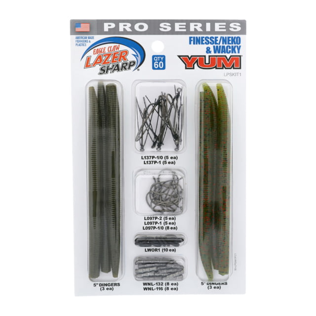 Eagle Claw Lazer Sharp Pro Series Finesse/ Neko Wacky Kit Hooks Nail Weights O-rings 5in Senko Worms 60 Pieces