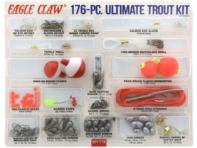Eagle Claw Ultimate Trout Kit Hooks Beads Stops Swivels Split Shot Sinkers Floats Stringer Snells 176 Pieces