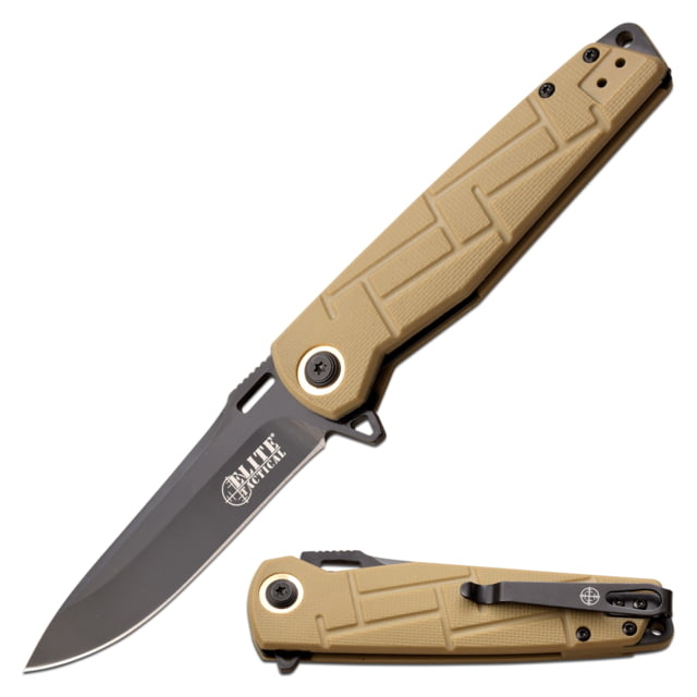 Elite Tactical Readiness Spring Assisted Knife 3.5 in 8Cr13 Stainless Steel Drop Point Not Serrated Tan