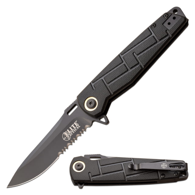 Elite Tactical Readiness Spring Assisted Knife 3.5 in 8Cr13 Stainless Steel Drop Point Serrated Black