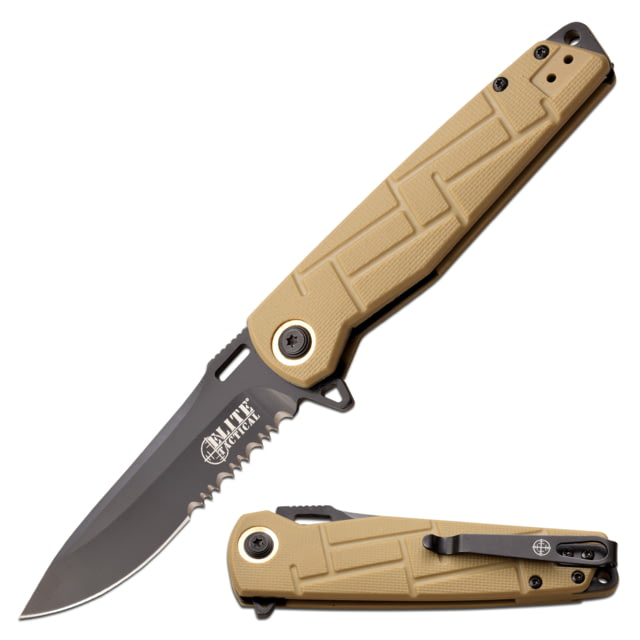 Elite Tactical Readiness Spring Assisted Knife 3.5 in 8Cr13 Stainless Steel Drop Point Serrated Tan
