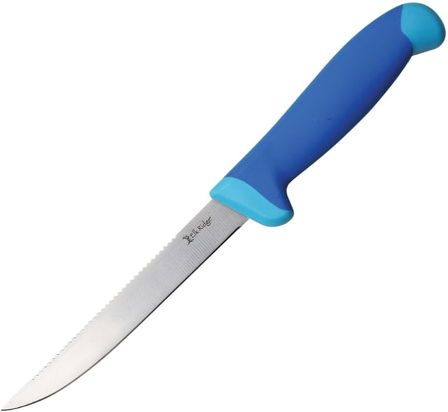 Elk Ridge Knife 11.75in Overall 6in Satin 5Cr15Mov SS Blade Blue Rubberized Nylon Handle Sawback Blade Black Nylon Sheath