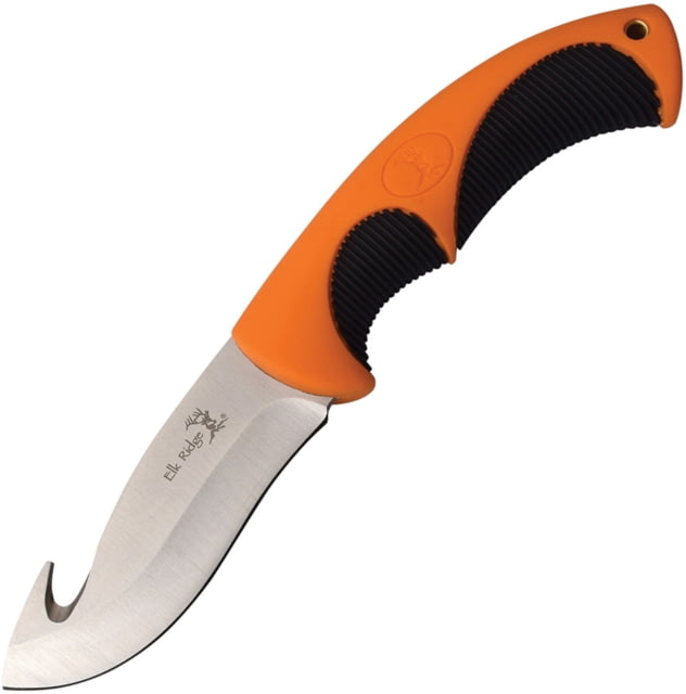 Elk Ridge Knife 9.25in Overall 4in Satin 3Cr13 SS Guthook Blade Rubberized Nylon Handle Orange And Black Handle Black Nylon Sheath