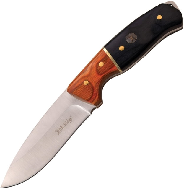 Elk Ridge Knife 9in Overall 4in Satin 3Cr13 SS Drop Point Black/Brown Pakkawood Handle Brown Leather Sheath