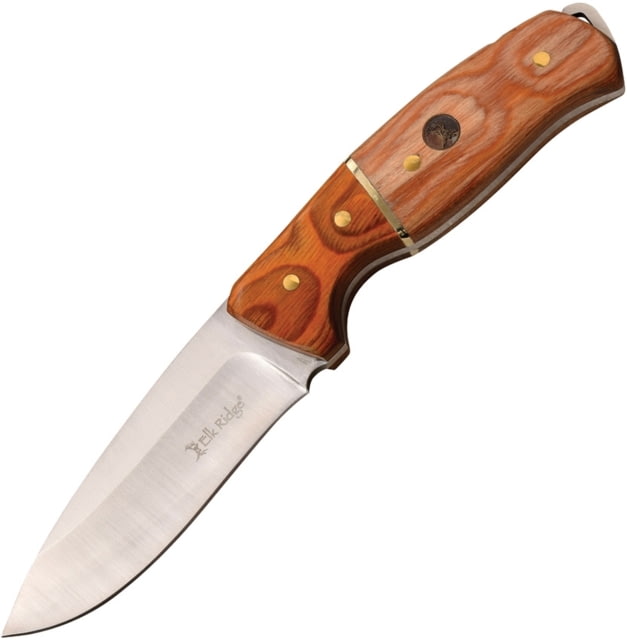 Elk Ridge Elk Ridge Knife 9in Overall 4in Satin 3Cr13 SS Drop Point Brown Pakkawood Handle Brown Leather Sheath