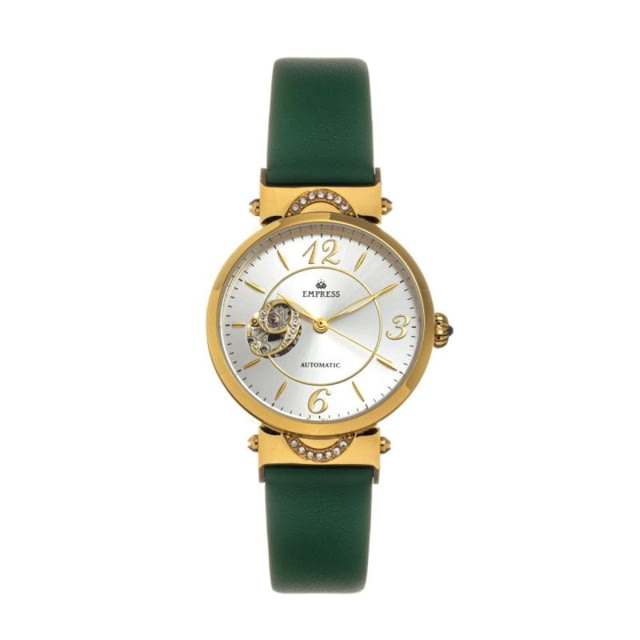 Empress Alouette Automatic Semi-Skeleton Leather-Band Watch Green - Women's