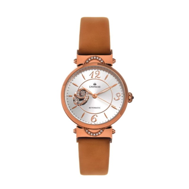 Empress Alouette Automatic Semi-Skeleton Leather-Band Watch Light Brown - Women's