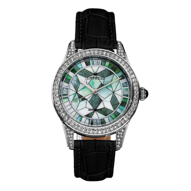 Empress Augusta Automatic Mosaic Mother-of-Pearl Leather-Band Watch Silver/Black One Size