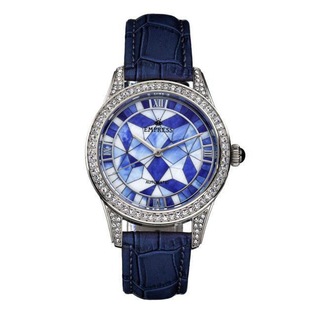 Empress Augusta Automatic Mosaic Mother-of-Pearl Leather-Band Watch Silver/Blue One Size