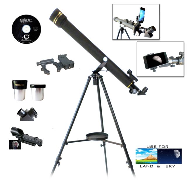 Galileo Refractor Telescope with Smartphone Photo Adapter 1.25in 6mm Eyepiece 20mm Eyepiece Black 800x60mm