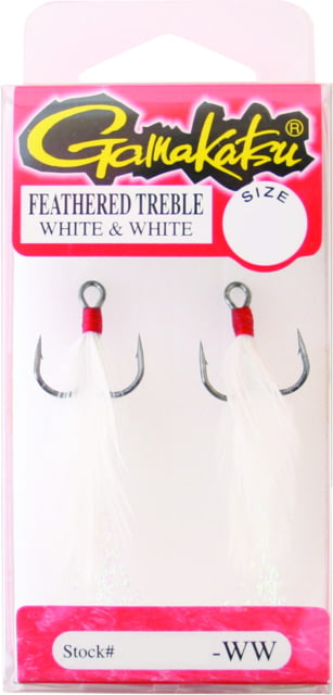 Gamakatsu Feathered Treble Hook Needle Point Round Bend NS Black White Feather Size 2 2 per Pack