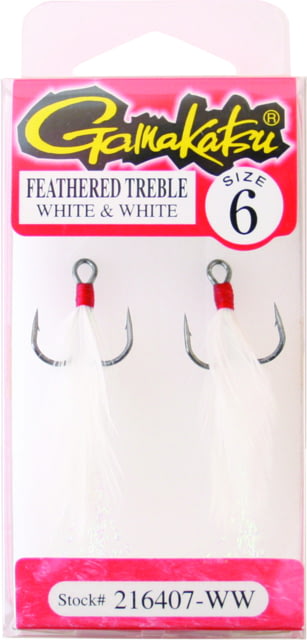 Gamakatsu Feathered Treble Hook Needle Point Round Bend NS Black White Feather Size 6 2 per Pack