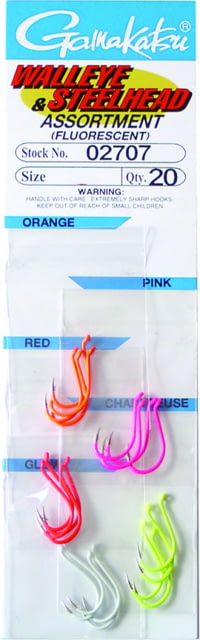 Gamakatsu 0 Fluorescent Walleye and Steelhead Hook Assortment Forged Octopus Red/Pink/Orange/Chartreuse/Glow Size 4 20 per Pack