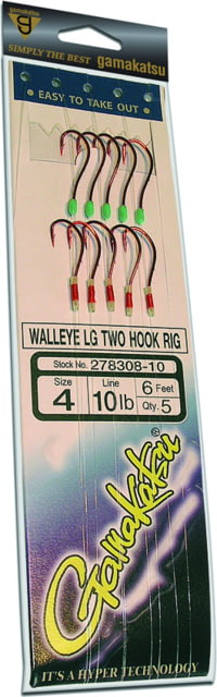 Gamakatsu Walleye LG Two Hook Rig Needle Point Wide Gap Light Wire Octopus NS Black Size 4 5 per Pack