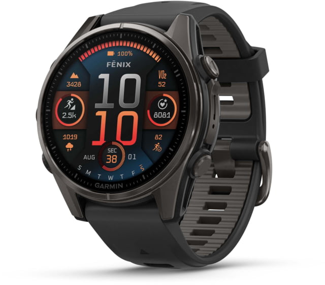 Garmin fenix 8 AMOLED 43mm GPS Watch Sapphire Carbon Gray DLC Titanium with Black/Pebble Gray Silicone