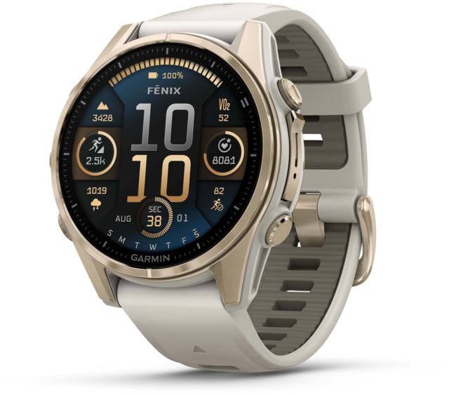 Garmin fenix 8 AMOLED 43mm GPS Watch Sapphire Soft Gold with Fog Gray/Dark Sandstone Silicone Band