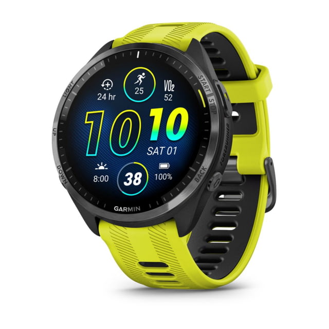 Garmin Forerunner 965 Carbon Gray DLC Titanium Bezel w/ Black Case and Amp Yellow/Black Silicone Band
