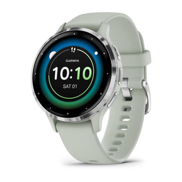 Garmin Venu 3S Watch Silver Stainless Steel Bezel w/ Sage Gray Case and Silicone Band