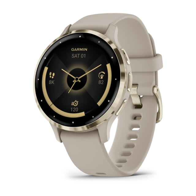 Garmin Venu 3S Watch Soft Gold Stainless Steel Bezel w/ French Gray Case and Silicone Band