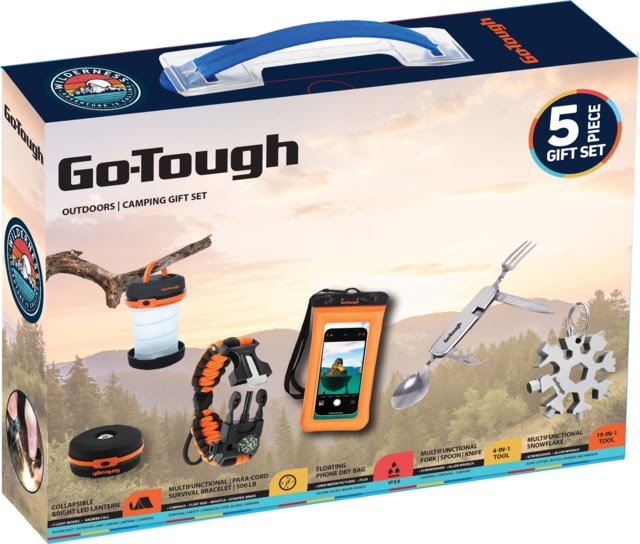Go-Tough 5 Piece Camping Gift Set - Phone Pouch Collapsible Lantern Fork/Spoon/Knife Snowflake Tool Watch Multicolor Small