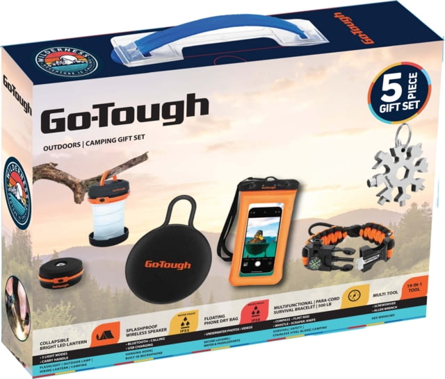 Go-Tough 5 Piece Camping Gift Set - Wireless Speaker Collapsible Tent Lantern Phone Pouch Watch Snowflake Tool Multicolor Small