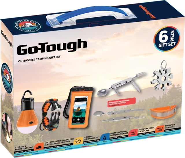 Go-Tough 7 Piece Camping Gift Set - Phone Pouch Fork/Spoon/Knife 3 Led Tent Bulb Watch Arm Bands Multi Tool Multicolor Small