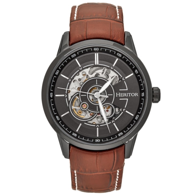 Heritor Automatic Davies Semi-Skeleton Leather-Band Watch - Men's Black/Brown One Size