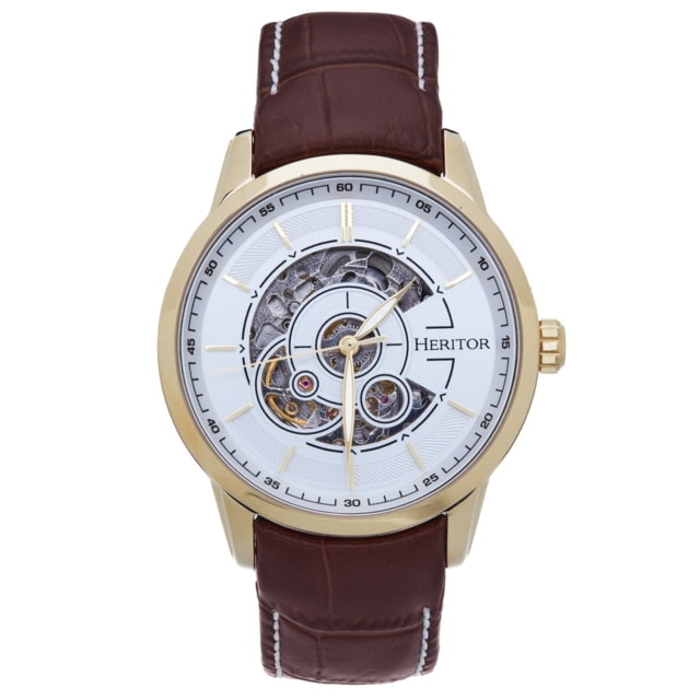 Heritor Automatic Davies Semi-Skeleton Leather-Band Watch - Men's Gold/Brown One Size
