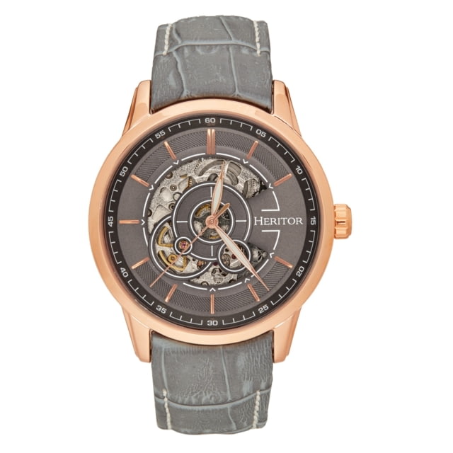 Heritor Automatic Davies Semi-Skeleton Leather-Band Watch - Men's Rose Gold/Gray One Size