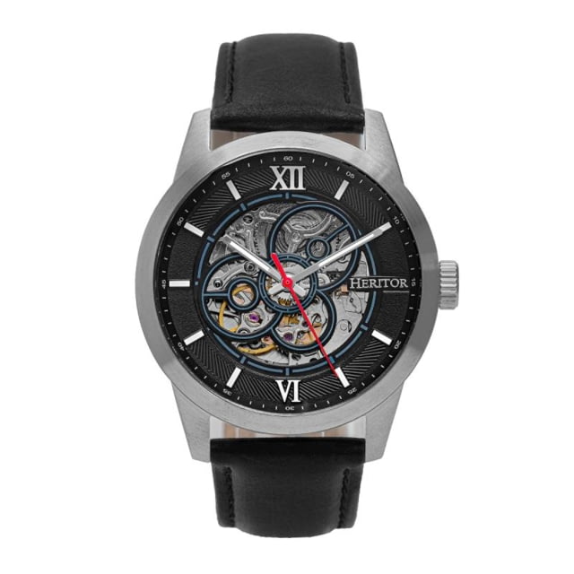 Heritor Automatic Jonas Leather-Band Skeleton Watch Silver/Black - Men's