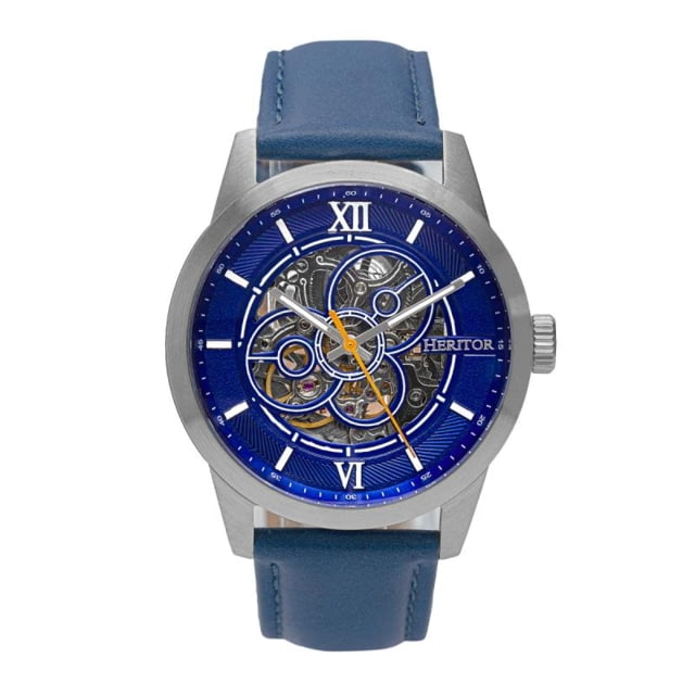 Heritor Automatic Jonas Leather-Band Skeleton Watch Silver/Blue - Men's