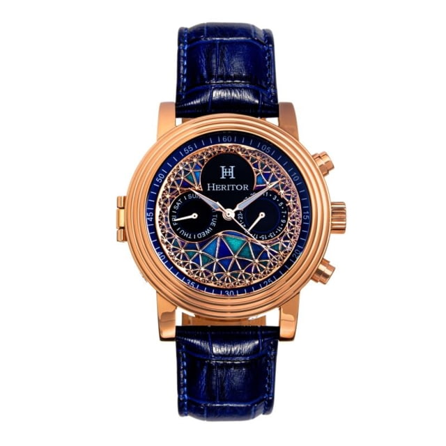 Heritor Automatic Legacy Leather-Band Watch w/Day/Date Rose Gold/Blue - Men's