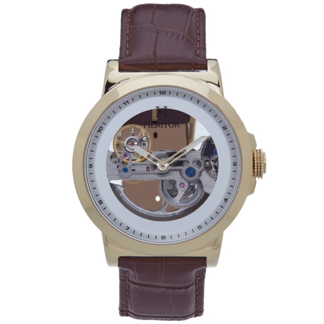 Heritor Automatic Xander Semi-Skeleton Leather-Band Watch - Men's Gold/Brown One Size