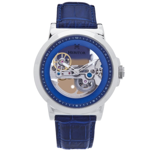 Heritor Automatic Xander Semi-Skeleton Leather-Band Watch - Men's Silver/Blue One Size