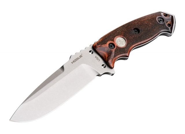 Hogue EX-F01 5.5in Sig Fixed Drop Point Blade A-2 Bead Blast Clear Finish Black Sheath Reinforced Rosewood Scales Sig Medallion