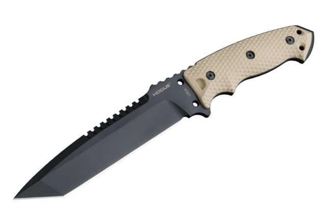 Hogue EX-F01 7in Fixed Tanto A-2 Steel Blade w/Black Automatic Retention Sheath Black Finish G10 Flat Dark Earth Scales