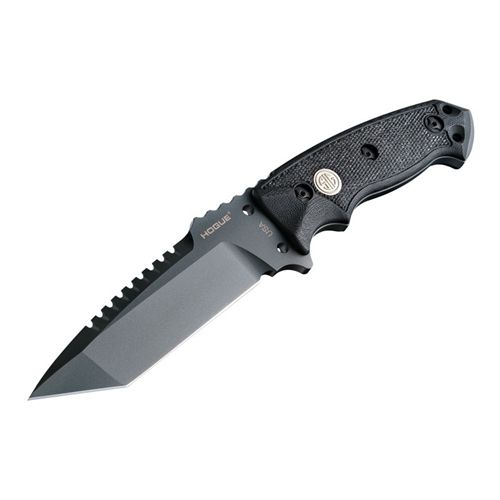 Hogue EX-F01 5.5in Sig Fixed Tanto Blade A-2 Grey Finish Black Automatic Retention Sheath G10 Solid Black Scales Checkered Sig Medallion