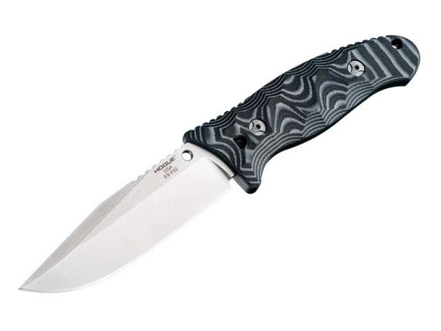 Hogue EX-F02 4.5in Fixed Clip Point Blade w/ Black Auto Retention Sheath Tumbled Finish G10 G-Mascus Black Scales