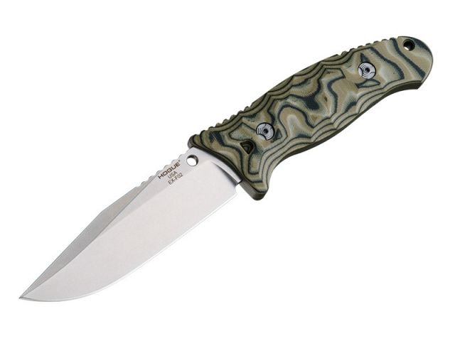 Hogue EX-F02 4.5in Fixed Clip Point Blade w/ Black Auto Retention Sheath Tumbled Finish G10 G-Mascus Green Scales
