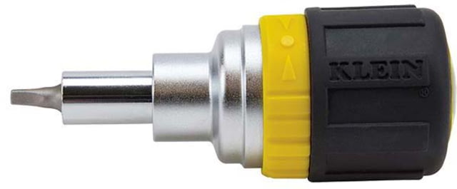 Klein Tools Klein Tools 6in1 Multi-Bit Ratcheting Screwdriver Stubby Ph Sl Sq Nut Bits Black/Yellow
