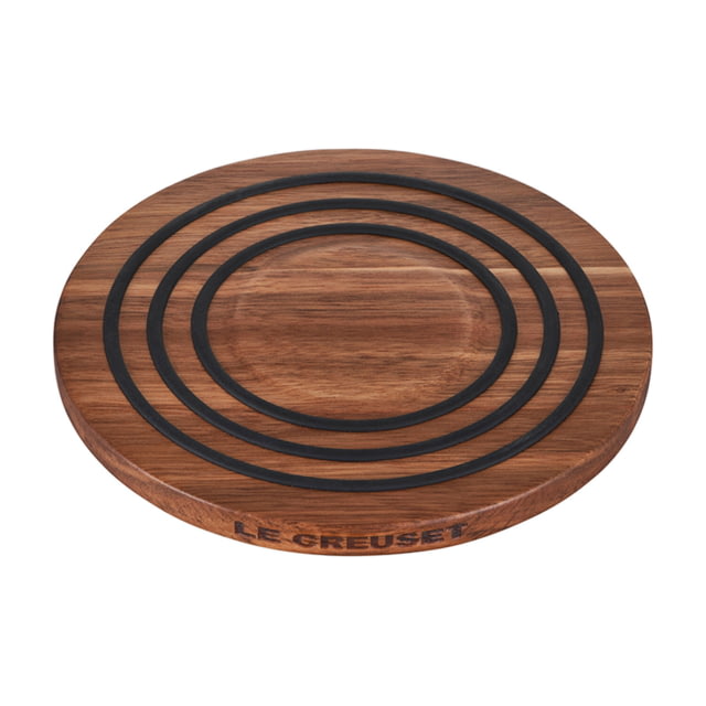 Le Creuset Magnetic Wooden Trivet - Acacia Wood w/ Black Silicone Rings 8in