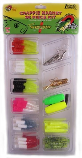 Leland Crappie Magnet Kit 96 Pieces 6 Crappie Magnet Jigheads 8 Double Cross Jigheads 80 Bodies and 2 Floats