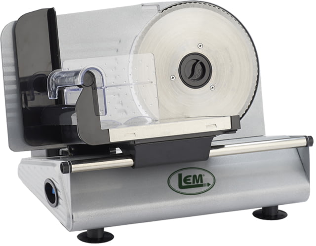 LEM Products 7.5in Blabe Belt Driven Meat Slicer Stainless Blades Gray Painted Steel Base